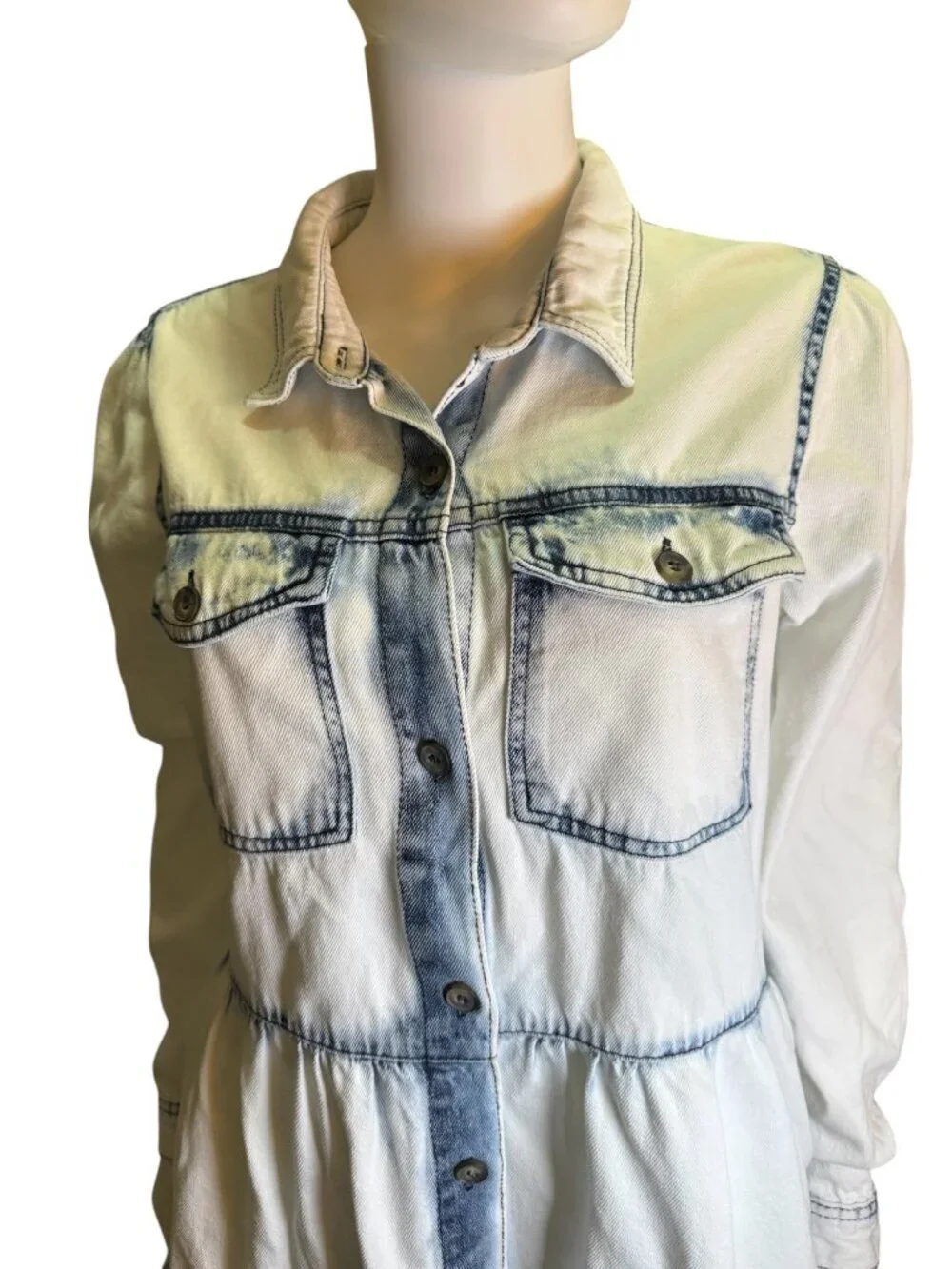 Free People Denim Tiered Babydoll Dress Size Large Button Front 100% Cotton EUC